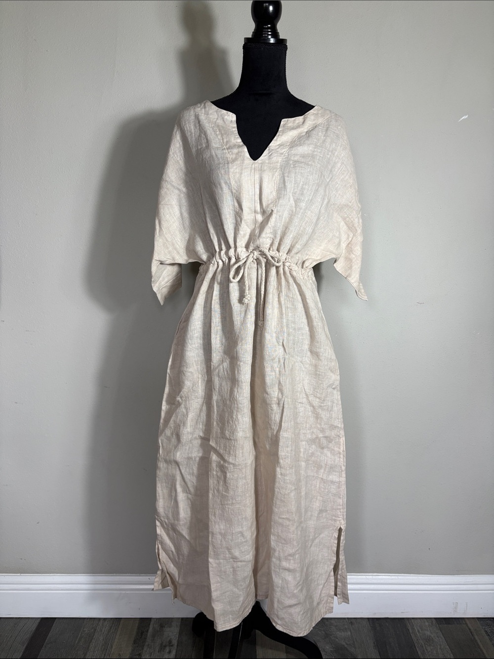 100 % LINEN Bella Amore Cream Drawstring Waist Maxi Dress
